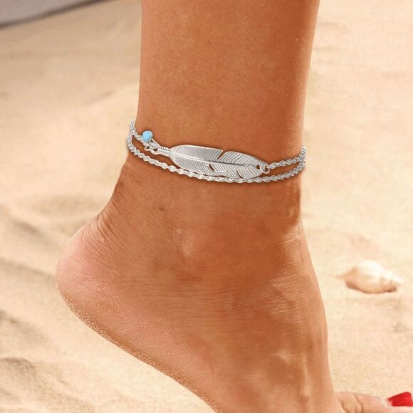 SILVER DOUBLE CHAIN FEATHER AND TURQUOISE HANGING CHARM BOHO ANKLET - Picture 1 of 5